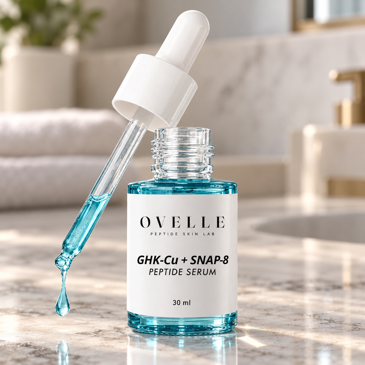 OVELLE GHK Cu + Snap 8 Peptide Serum in a glass dropper bottle